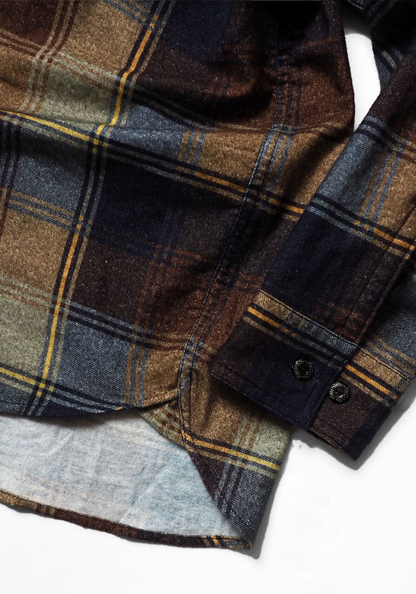 IMPRESTORE インプレストア Flannel Hooded Shirt｜プリントネル フードシャツ [NAVY×BROWN]