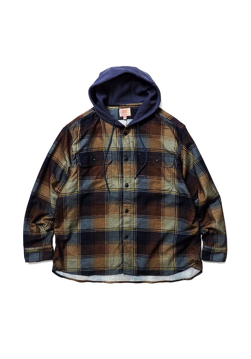 IMPRESTORE インプレストア Flannel Hooded Shirt｜プリントネル フードシャツ [NAVY×BROWN]