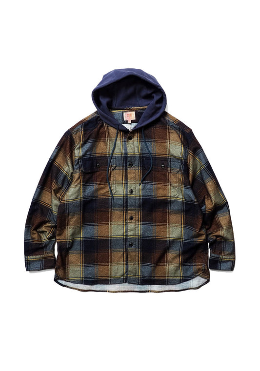 IMPRESTORE インプレストア Flannel Hooded Shirt｜プリントネル フードシャツ [NAVY×BROWN]