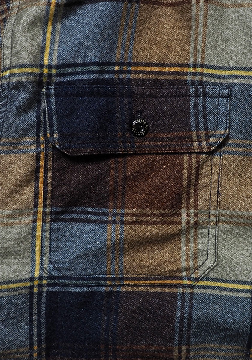 IMPRESTORE インプレストア Flannel Hooded Shirt｜プリントネル フードシャツ [NAVY×BROWN]