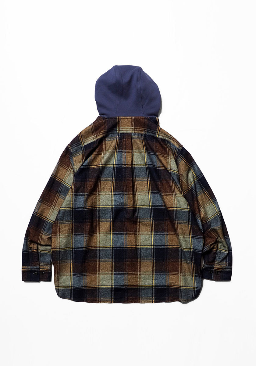 IMPRESTORE インプレストア Flannel Hooded Shirt｜プリントネル フードシャツ [NAVY×BROWN]