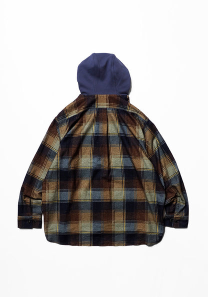 IMPRESTORE インプレストア Flannel Hooded Shirt｜プリントネル フードシャツ [NAVY×BROWN]