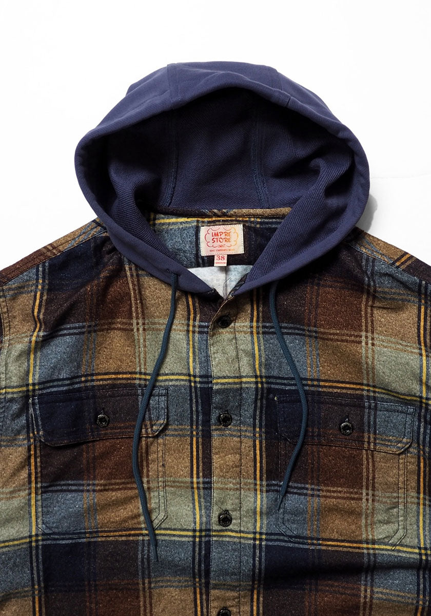 IMPRESTORE インプレストア Flannel Hooded Shirt｜プリントネル フードシャツ [NAVY×BROWN]