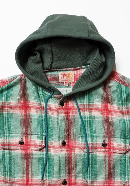 IMPRESTORE インプレストア Flannel Hooded Shirt｜プリントネル フードシャツ [GREEN×RED]