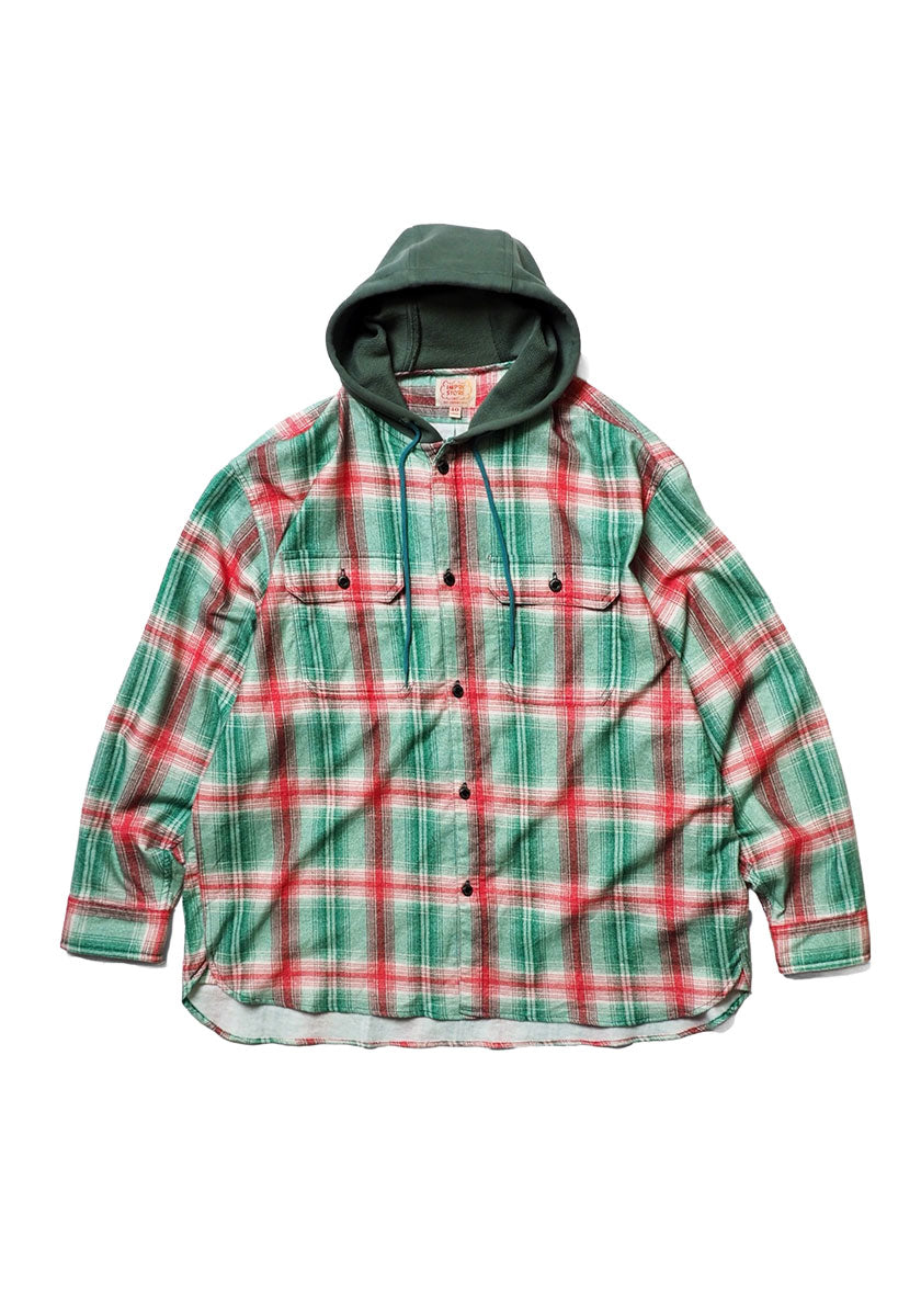 IMPRESTORE インプレストア Flannel Hooded Shirt｜プリントネル フードシャツ [GREEN×RED]