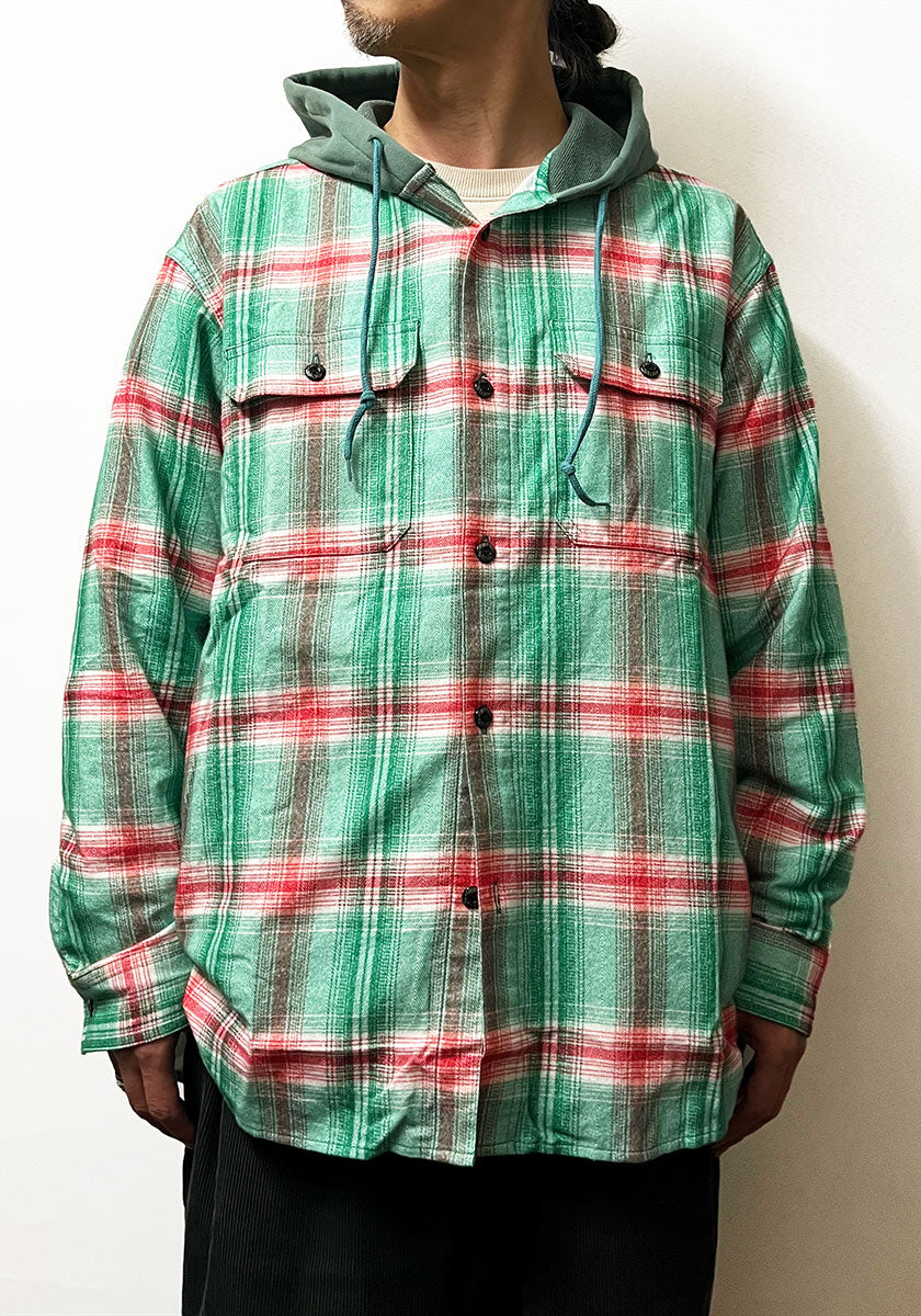 IMPRESTORE インプレストア Flannel Hooded Shirt｜プリントネル フードシャツ [GREEN×RED]
