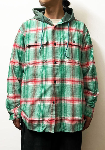 IMPRESTORE インプレストア Flannel Hooded Shirt｜プリントネル フードシャツ [GREEN×RED]