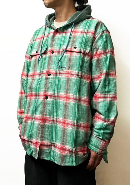 IMPRESTORE インプレストア Flannel Hooded Shirt｜プリントネル フードシャツ [GREEN×RED]