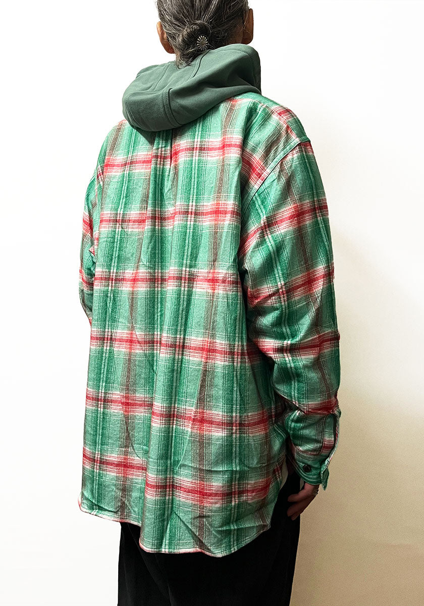 IMPRESTORE インプレストア Flannel Hooded Shirt｜プリントネル フードシャツ [GREEN×RED]