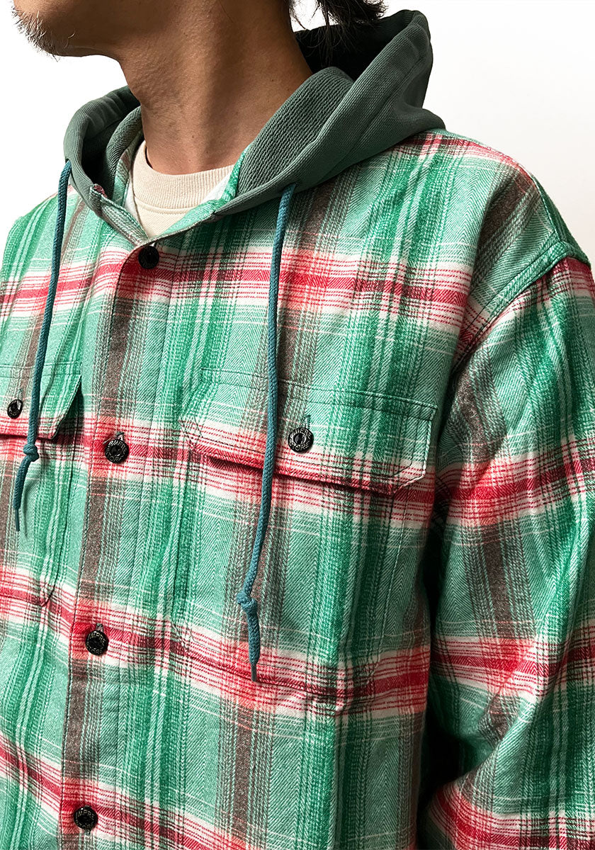 IMPRESTORE インプレストア Flannel Hooded Shirt｜プリントネル フードシャツ [GREEN×RED]