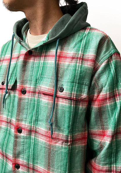 IMPRESTORE インプレストア Flannel Hooded Shirt｜プリントネル フードシャツ [GREEN×RED]