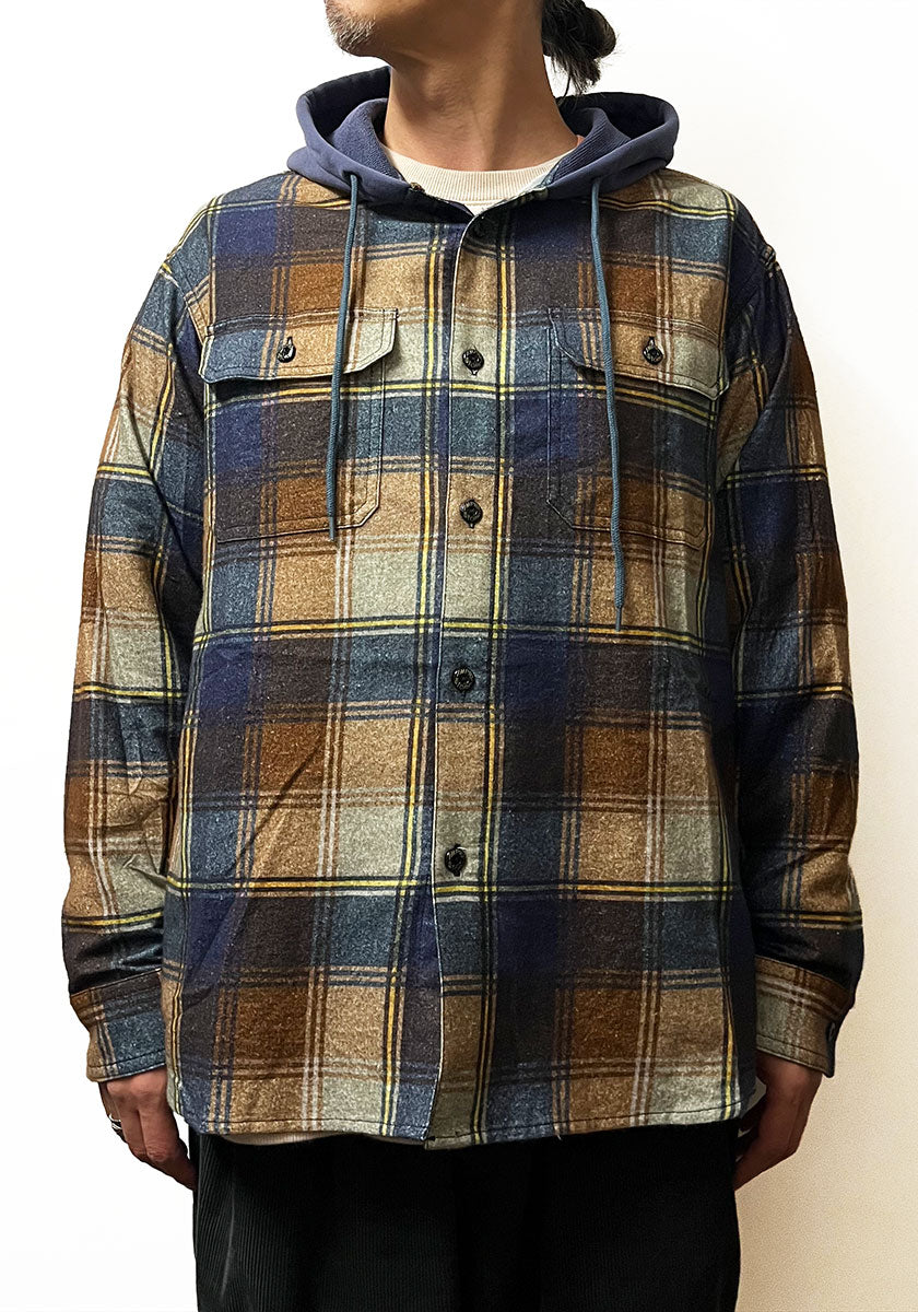 IMPRESTORE インプレストア Flannel Hooded Shirt｜プリントネル フードシャツ [NAVY×BROWN]