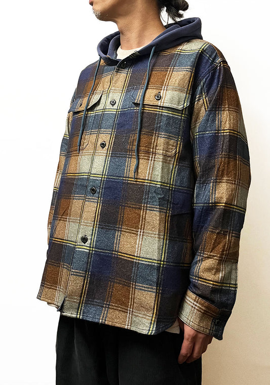 IMPRESTORE インプレストア Flannel Hooded Shirt｜プリントネル フードシャツ [NAVY×BROWN]