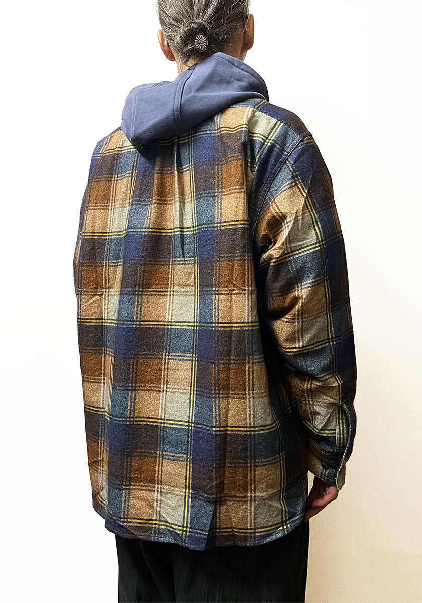 IMPRESTORE インプレストア Flannel Hooded Shirt｜プリントネル フードシャツ [NAVY×BROWN]