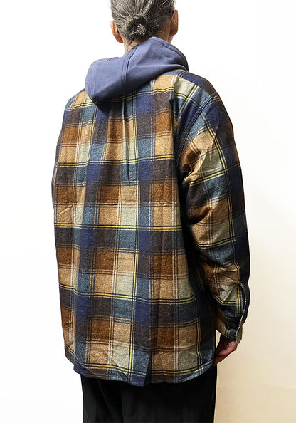 IMPRESTORE インプレストア Flannel Hooded Shirt｜プリントネル フードシャツ [NAVY×BROWN]