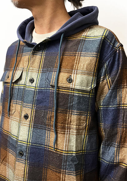 IMPRESTORE インプレストア Flannel Hooded Shirt｜プリントネル フードシャツ [NAVY×BROWN]