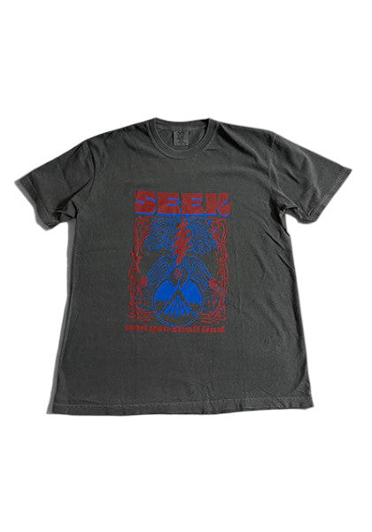 SEEKのDEGARASHIコラボTシャツ。ヴィンテージ風の黒い後染めコットン生地に、赤と青のユニークなグラフィックがフロントにプリントされています。