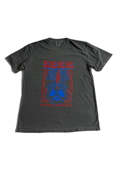 SEEKのDEGARASHIコラボTシャツ。ヴィンテージ風の黒い後染めコットン生地に、赤と青のユニークなグラフィックがフロントにプリントされています。