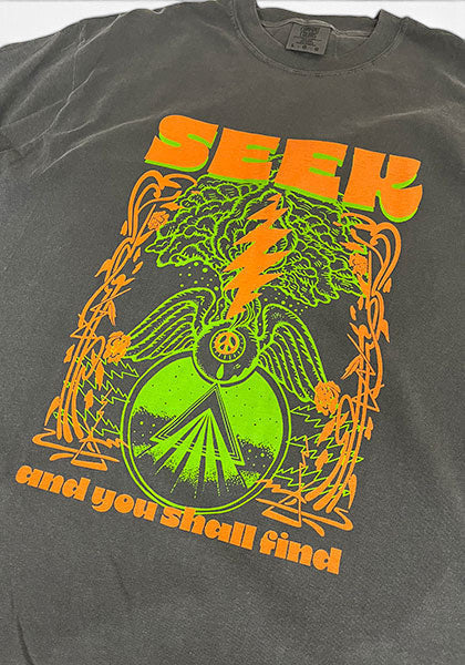 SEEKのDEGARASHIコラボTシャツ。ヴィンテージ風のチャコールグレーのコットン地に、ネオングリーンとオレンジのグラフィックが映えるデザイン。