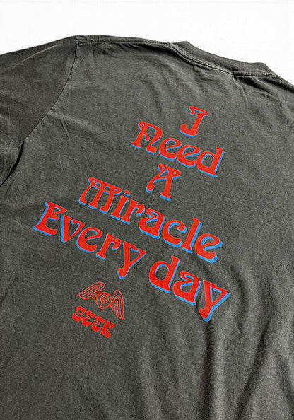 SEEKのDEGARASHIコラボTシャツ。ヴィンテージ風のチャコールグレーのコットン地に、赤と青のメッセージロゴがプリントされた背面デザイン。