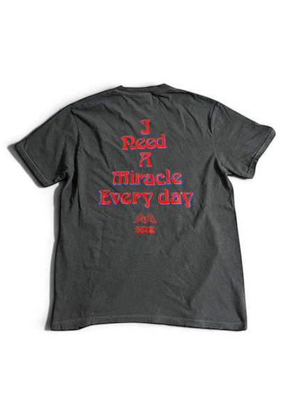SEEKのDEGARASHIコラボTシャツ。背面に赤い文字で「I Need A Miracle Every day」とプリントされたヴィンテージ風の黒いコットンTシャツ