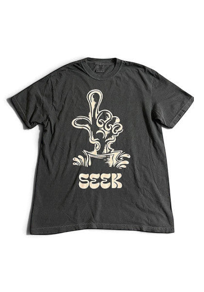 SEEKのDEGARASHIコラボTシャツ。ヴィンテージ風のチャコールグレーのコットンボディにユニークなグラフィックがプリントされた半袖Tシャツ