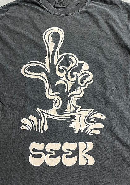SEEKのDEGARASHIコラボTシャツ。ヴィンテージ風のチャコールグレーのコットンボディにユニークなグラフィックがプリントされています。