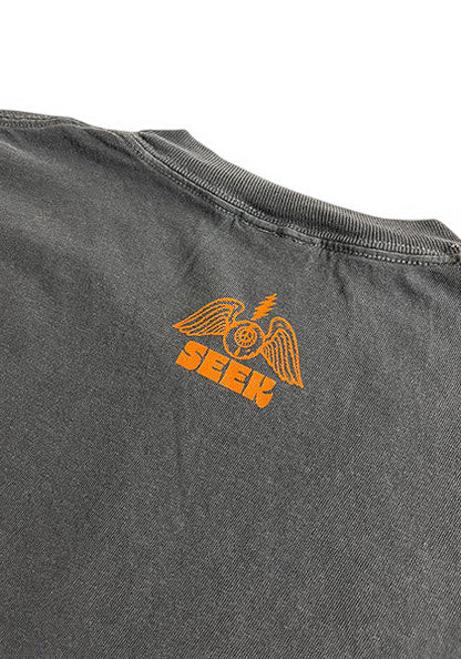 SEEKのDEGARASHIコラボTシャツ。ヴィンテージ風のグレーのコットン生地にオレンジ色のロゴと翼のグラフィックがプリントされています。
