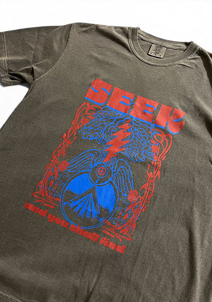 SEEKのDEGARASHIコラボTシャツ。ヴィンテージ風の後染め加工が施されたグレーのコットン生地に、赤と青のユニークなグラフィックがフロントにプリントされています。