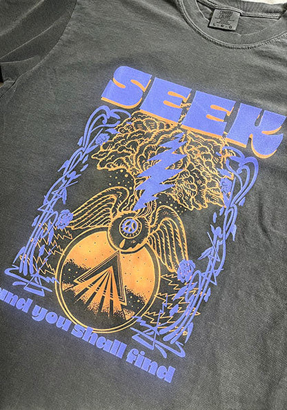 SEEKのDEGARASHIコラボTシャツ。ヴィンテージ風の黒い後染めコットン地に、青とオレンジのグラフィックが描かれた半袖Tシャツ。