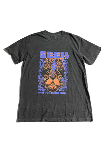 SEEKのDEGARASHIコラボTシャツ。ヴィンテージ風の黒い後染めコットン生地に、オレンジと紫のグラフィックが描かれた半袖Tシャツ。