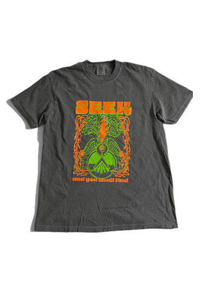 SEEKのDEGARASHIコラボTシャツ。ヴィンテージ感のある後染めコットンに、オレンジとグリーンのグラフィックが映えるデザイン。